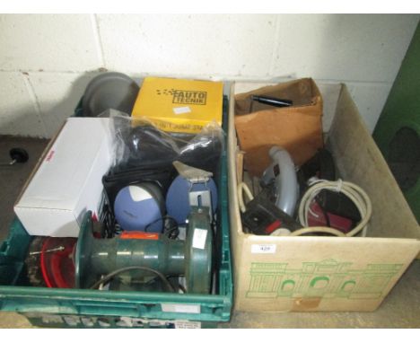 TWO BOXES OF POWER TOOLS, ELECTRICALS ETC