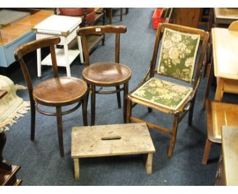 TWO BENTWOOD CHAIRS, STOOL ETC