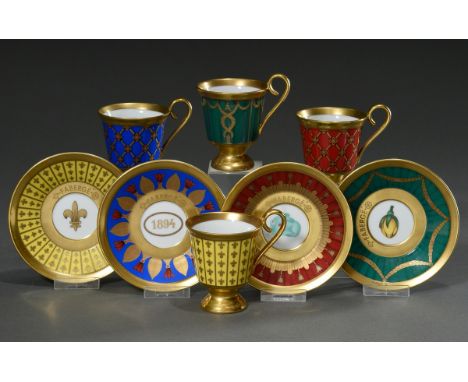 4 Diverse moderne Fabergé Mokkatassen/UT mit ornamentalem Golddekor auf rotem, blauem, gelbem und grünem Fond, am Boden bez. 