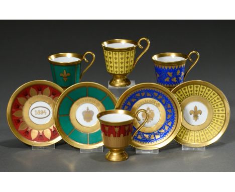 4 Diverse moderne Fabergé Mokkatassen/UT mit ornamentalem Golddekor auf rotem, blauem, gelbem und grünem Fond, am Boden bez. 
