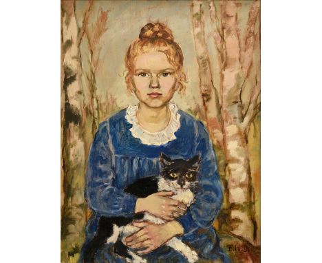 Haensgen-Dingkuhn, Elsa (1898-1991) "Portrait eines Mädchens mit Katze" (Bärbel Feddern) um 1959, Öl/Hartfaserplatte, u.r. mo