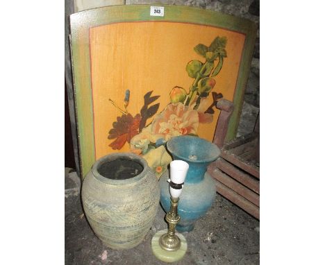 The Contents of the Fire Place to include the grate, two pots, onyx table lamp & a timber framed screen,  etc. 