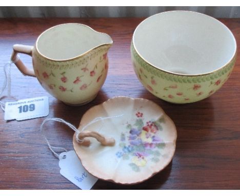A Graingers Worcester Jug and Bowl with pink rose decoration and green printed mark to base,  together with a small dish in W
