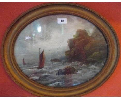 A 19th Century Oval Oil on Board Boat and Cliffs in Stormy Seascape. 28 x 36cm.
