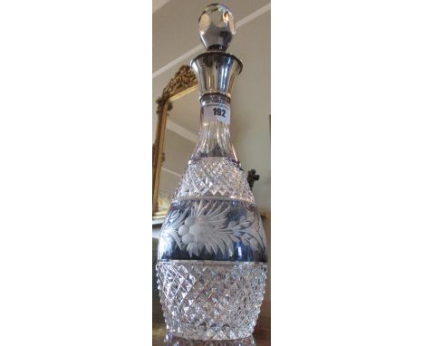 A Silver Mounted Clear and Blue Flashed Glass Decanter & Stopper. Birmingham, 1975, 36.5cm.