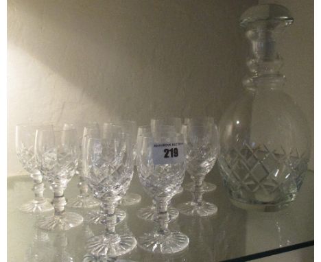 Eleven Port Glasses (Possibly Waterford) & a Decanter.