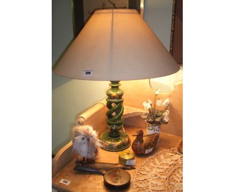 A Green Painted Table Lamp & Shade, along with the contents of the dressing table top and a rush seated high stool.