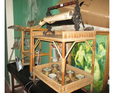 An Assorted Lot to include 19th Century Pine Child's High Chair, along with a serving trolley, reading lamp, two tier table, 