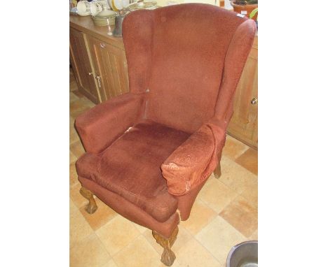 A Selection of Furniture & Items comprising a 20th century upholstered wingback armchair, an oak serving trolley, over-the-do