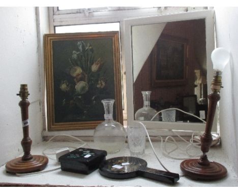 A Quantity of Items to include a pair of treen lamps, a water decanter, an Oriental box & hand mirrors, etc.