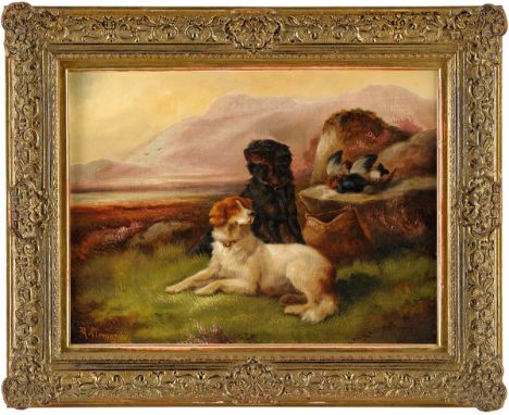 Robert Cleminson (British, active 1865-1868) Setters with The Day's Bag Oil on canvas, signed R. Cleminson lower left.  30 x 