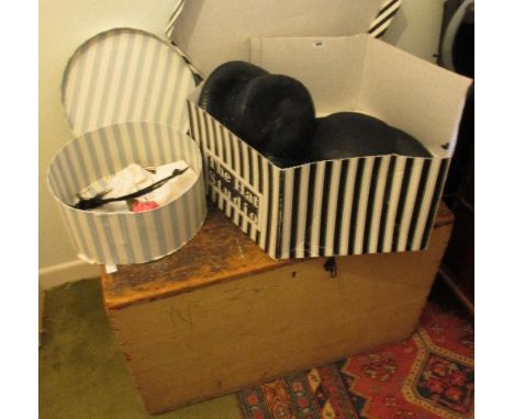 A 19th Century Timber Trunk. 78cm wide, and Two Lady's Hats in Boxes.