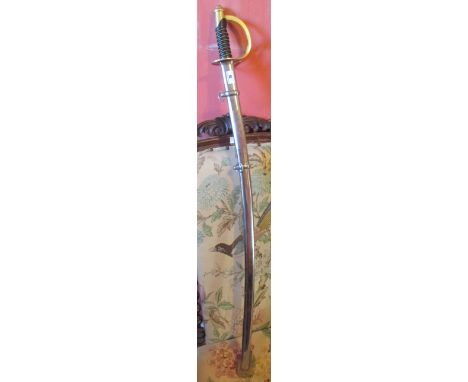 A Brass & Steel Cavalry Type Sword with a brass guard and a scabbard. 100cm.