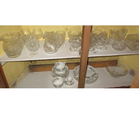 A Set of Six Waterford Crystal Sundae Dishes on a shelf with other glassware & part of Coalport dinnerware (2 shelves) 