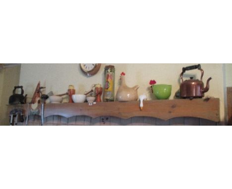 Shelf over Fireplace: the contents to include poultry figural groups, ceramic mortars & pestles, etc.