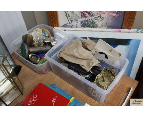 Two boxes containing various sundry items to include small battery operated lantern style clock; various other clocks; brass 