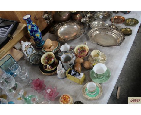 A collection of decorative china to include Royal Albert mantel clock; French pottery vase; various tea cups and saucers 