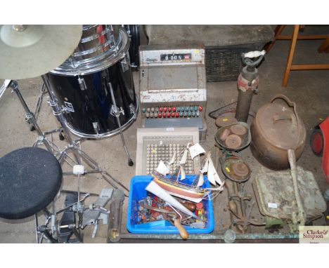 A Gross shop till and another along with a box of various tools; a model of a ship etc