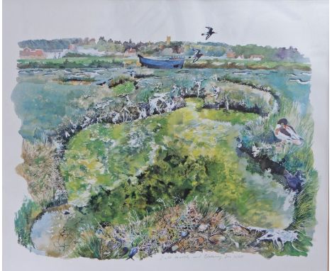 Christopher White (British, Contemporary) 
'Salt Marsh and Blakeney Sea Wall'
coloured print
47 x 56cm