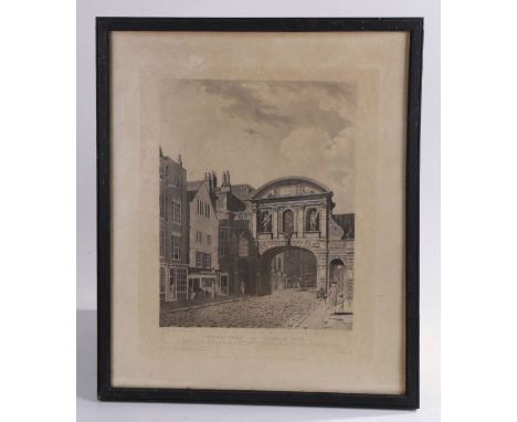 19th Century black and white print, West View of Temple Bar, 38cm wide x 46cm high, housed within and ebonised and glazed fra