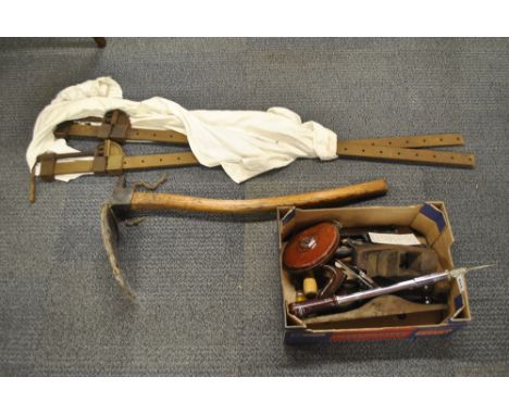 A quantity of vintage boat building tools including an Adze & Elb, 2 x 4ft sash lamps and a 100ft Chesterman measuring tape.