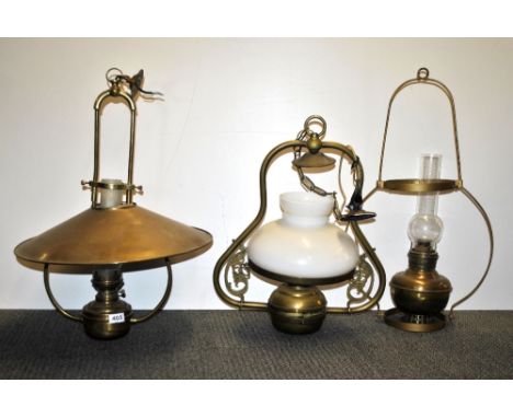 3 brass hanging oil lamp style light fittings.