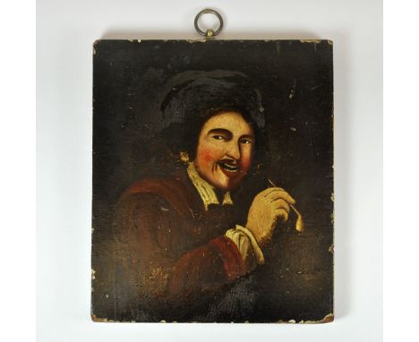 An early 19th century oil on wooden panel of a man with a pipe, 18cm x 15.5cm.