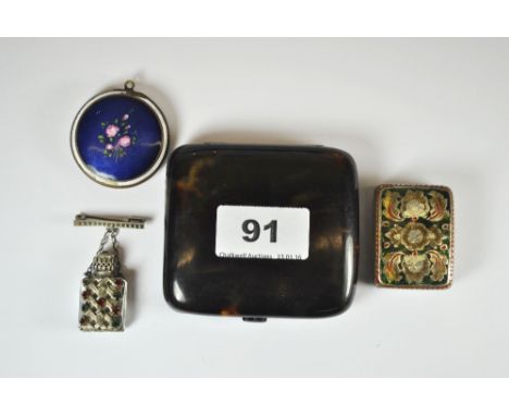 An enamelled compact, an enamelled white metal snuff box, perfume bottle and tortoise shell cigarette case.