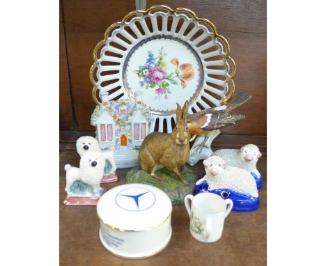 A Dresden openwork bowl, a Goebel bird, a Border Fine Arts hare, etc.