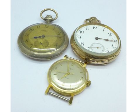 A silver cased Omega pocket watch, a plated pocket watch and a Timex wristwatch