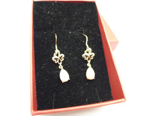 A pair of silver gilt, pink opal pendant earrings with diamond accents