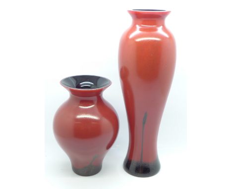 Two Caithness glass red and black vases, tallest 25.5cm