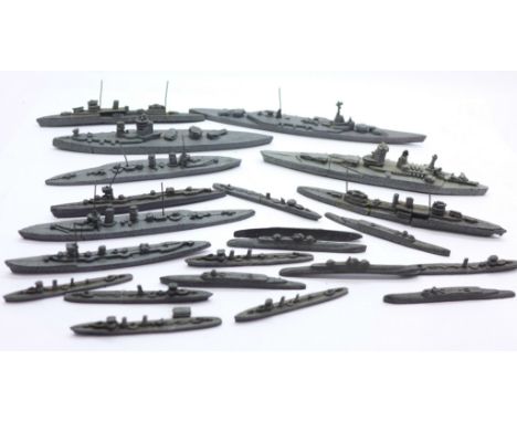 Vintage Meccano Dinky Toys model ships, British Navy no.50, Hood, Rodney, York, Delhi, Effingham, Submarine and escorts, a/f,