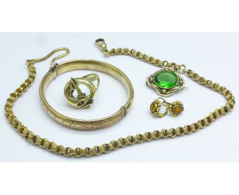 Plated jewellery including a bangle, watch chain and brooch