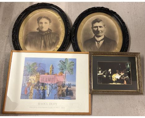 4 framed and glazed prints. A pair of carved black oval frames with vintage print portraits of a lady and gentleman in Victor