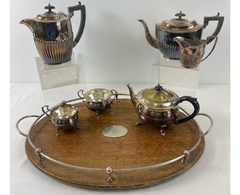 A vintage wooden and silver plate serving tray together with a John Turton &amp; Co silver plated water pot, tea pot and milk