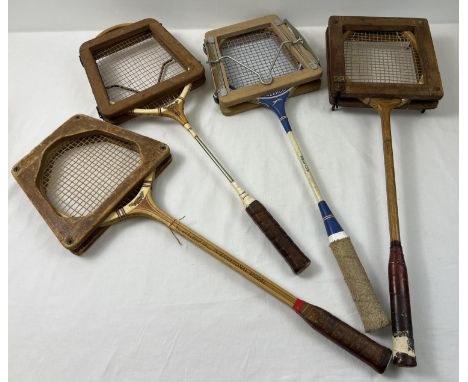 4 vintage badminton rackets with original stretchers to include Dunlop, FairPlay and Slazenger. 