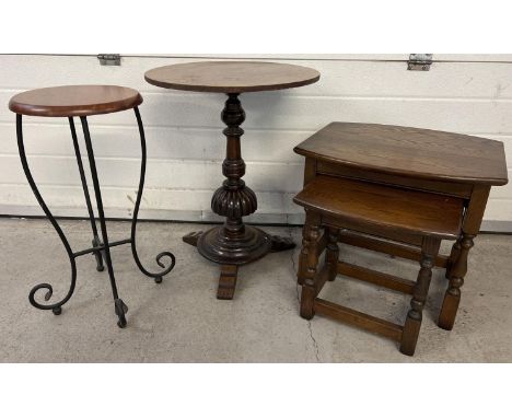 4 small side/occasional tables to include a nest of 2 Old Charm square tables. Together with a wooden topped wrought iron lam