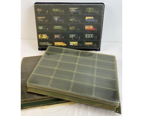 3 plastic model car display cases with clear covers. One containing 20 Advertising lorries by LLedo. Lorries include Bisto, R