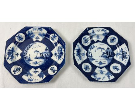 A pair of octagonal shaped Chinese ceramic blue &amp; white plated with panelled design. Hand painted detail front and back w