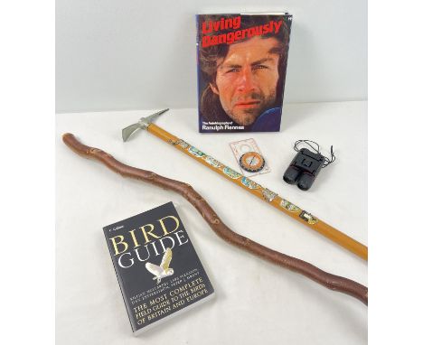 Autographed copy of Living Dangerously by Ranulph Fiennes together with Collins Bird Guide, 2 walking sticks, a compass and a