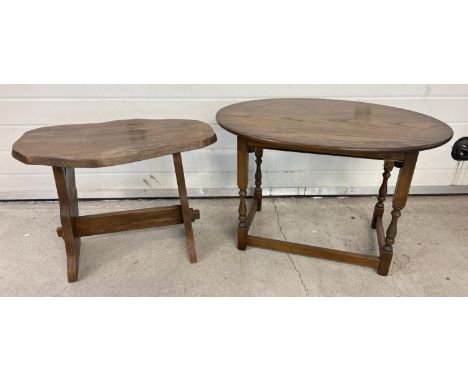 2 vintage wooden side tables. An oval topped table with turned legs together with a small refectory style table/stool. Larges