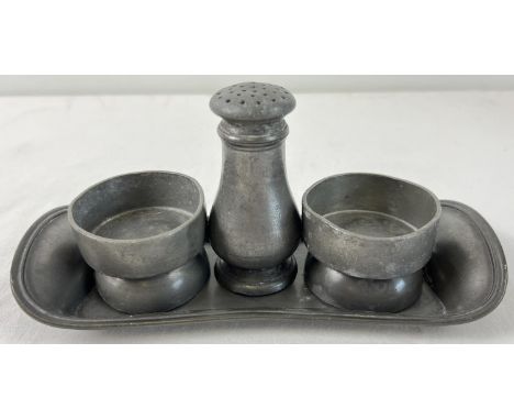 An early 20th century James Dixon &amp; Sons pewter 4 piece cruet. Stamped to underside of tray and pepperette. Tray approx. 