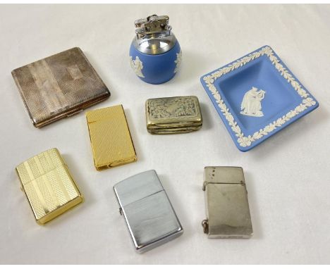 A collection of assorted vintage smoking related items to include Wedgwood Jasperware table lighter and ashtray. Together wit