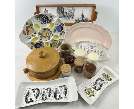 A box of ceramic kitchen and table ware. To include 2 handled casserole dish, ceramic tile serving tray, Poole Pottery seafoo