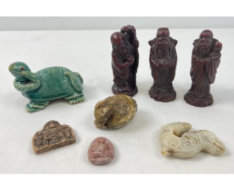 A small collection of Oriental carved stone &amp; resin items together with a ceramic turtle &amp; snake with green coloured 