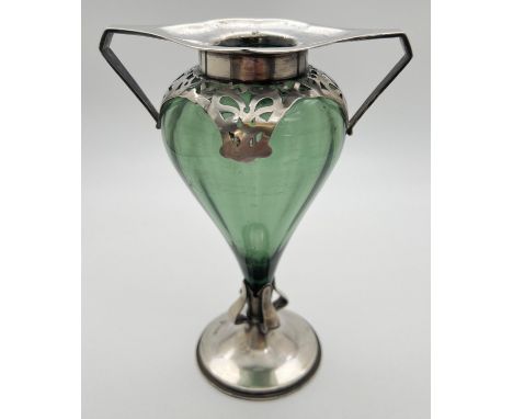 An Art Nouveau silver mounted 2 handled green glass vase, hallmarked R H Halford &amp; Sons, London 1901. Green glass body of