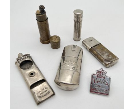A small collection of vintage small metalware items. To include Elfa Tank lighter, UL No. 2 lighter, The Acme Guide lighter, 