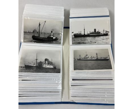 An album containing 98 vintage mostly black &amp; white postcards &amp; photographs of ships to include The Blue Funnel Line.