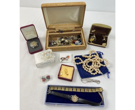 A vintage jewellery box &amp; contents together with a collection of assorted vintage jewellery &amp; watches, some boxed. To